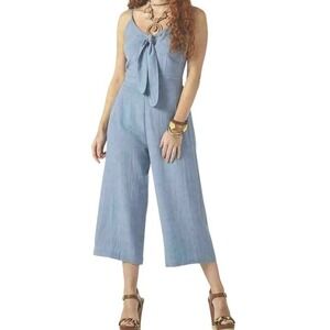 Wrangler Retro Blue Chambray Wide Leg Jumpsuit Tie Front Smocked Back Medium